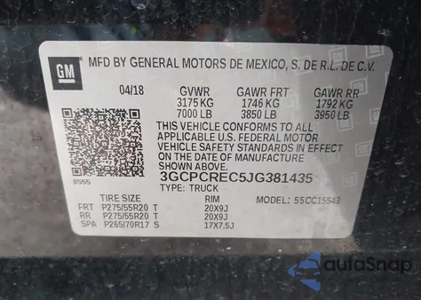 2018 Chevrolet Silverado 1500 1Lt from USA, damaged, VIN 3GCPCREC5JG381435